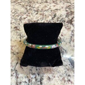 Vintage Green Cloisonné Enamel Floral Bangle Bracelet Asian Boho Hand Painted
